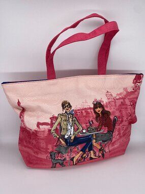Lancome Paris Bag Tote Pink Eiffel Tower Poodle Blue Lining Beach Shop Canvas
